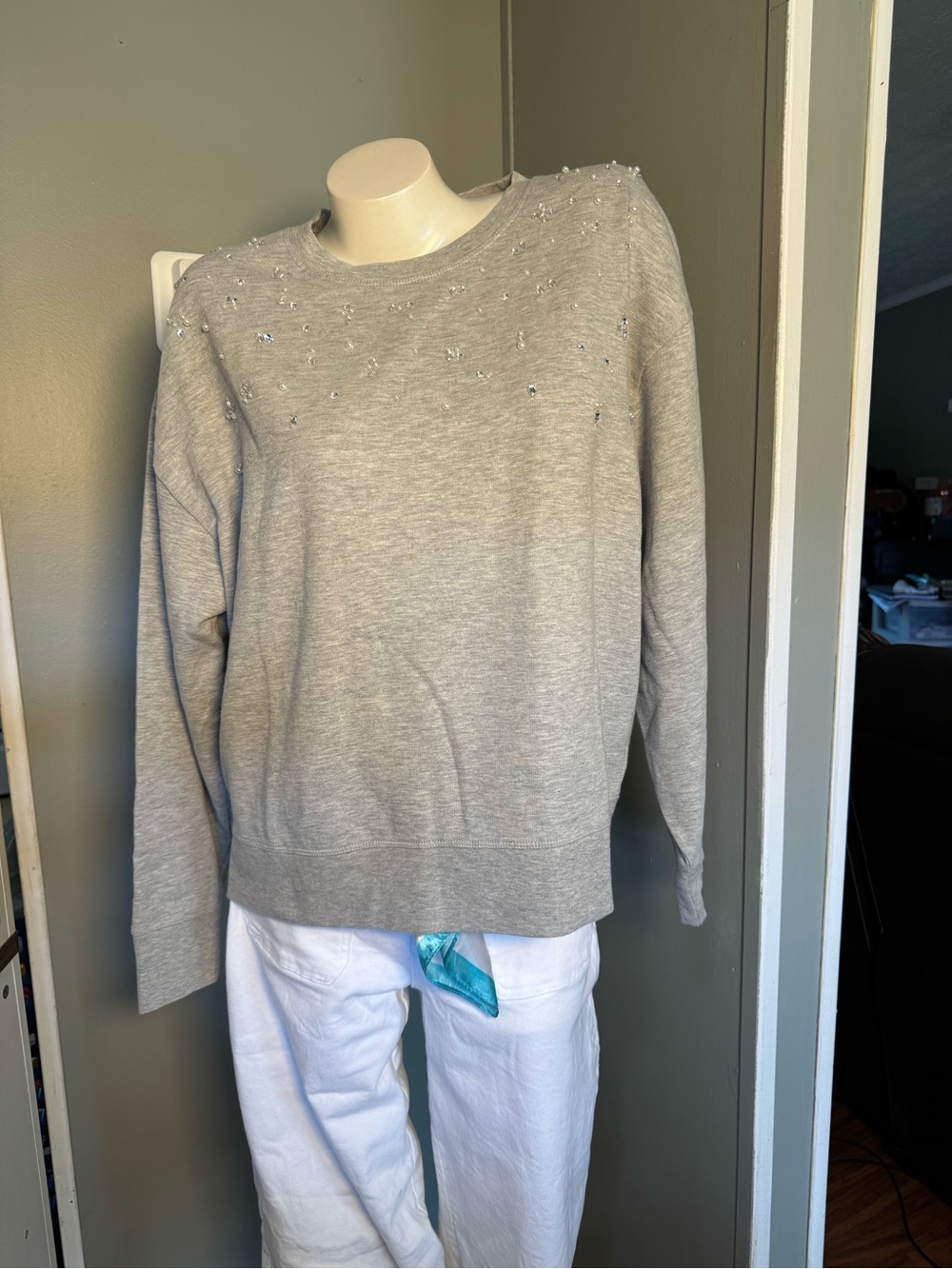 J. Crew Light Gray Beaded Crewneck Sweatshirt